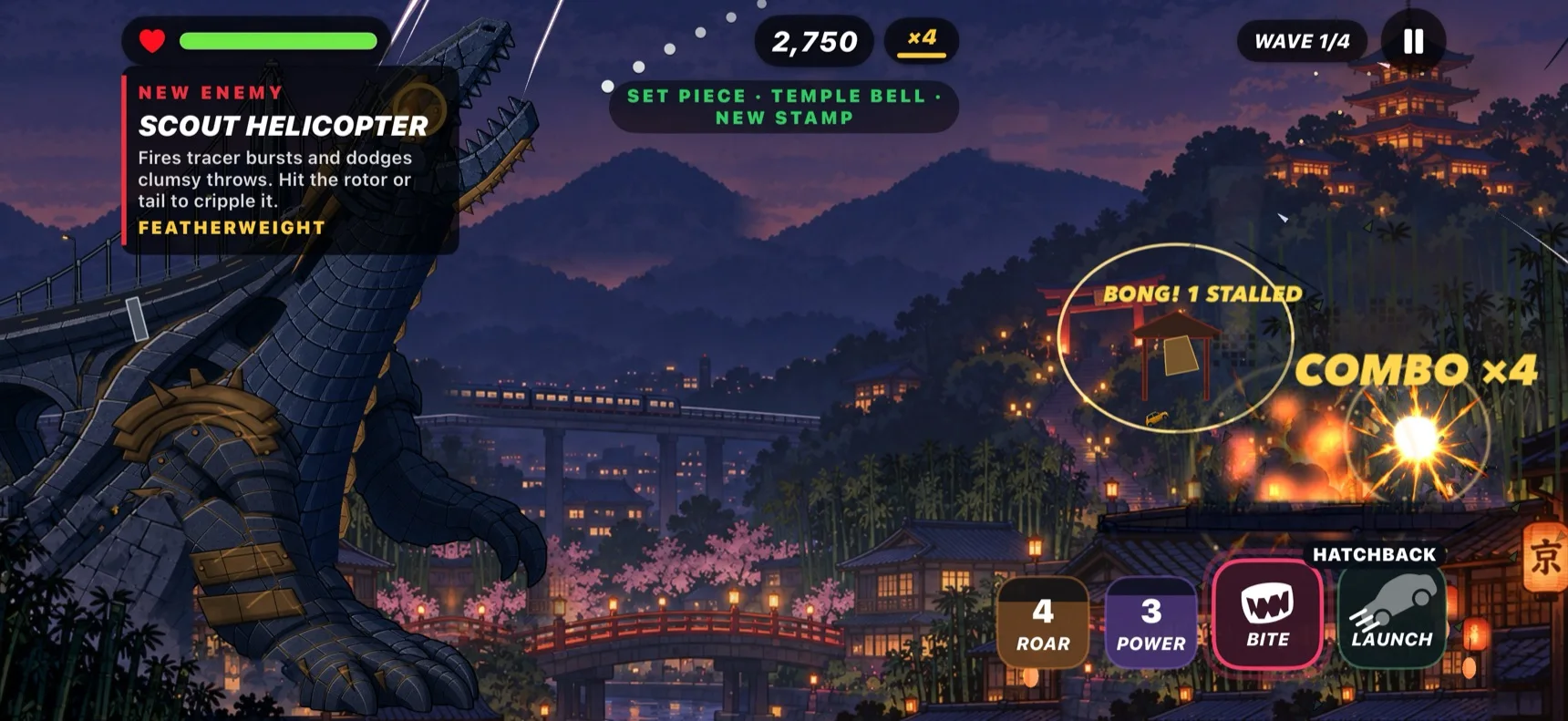 Bridgezilla gameplay: the kaiju, its neck a road, launching a car over a town at night.