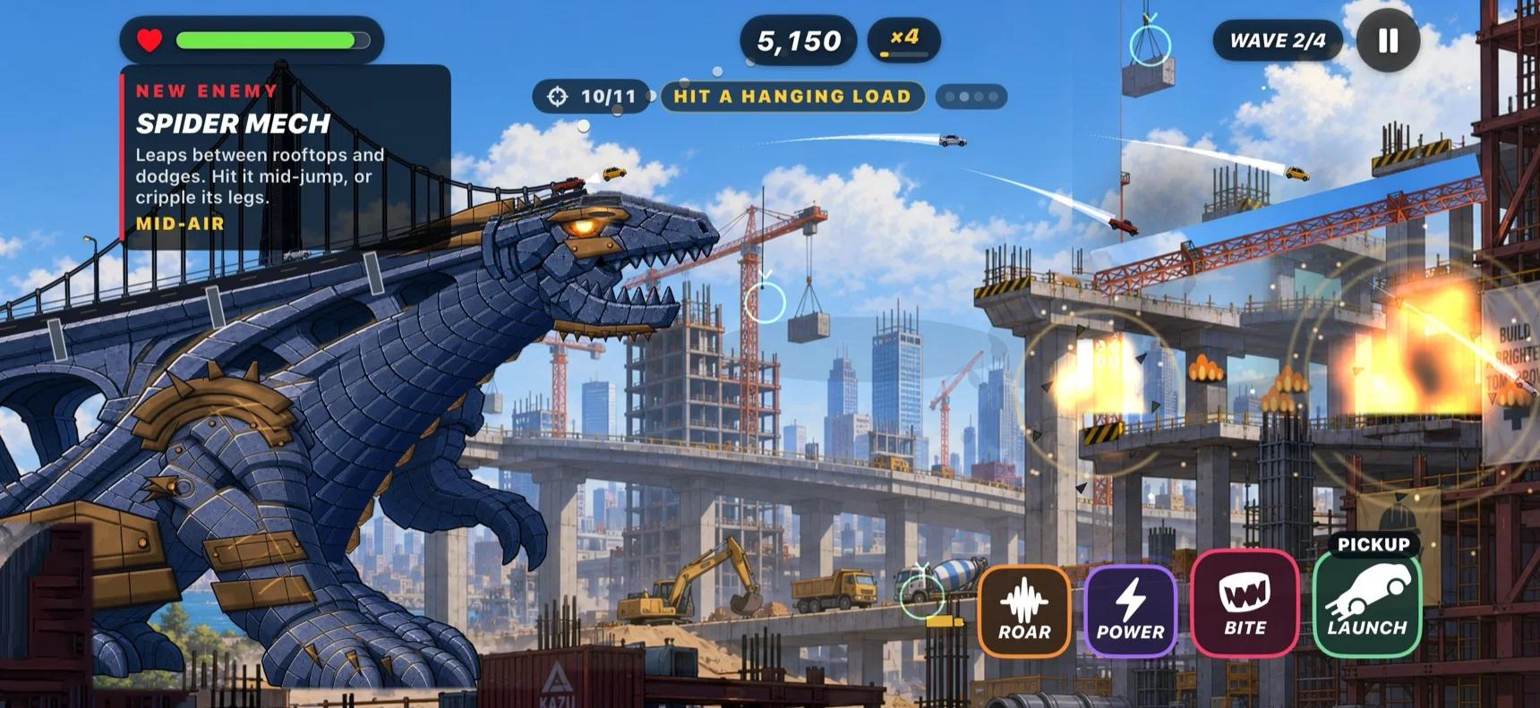 Bridgezilla gameplay: cars arcing off the head toward a construction site in daylight.