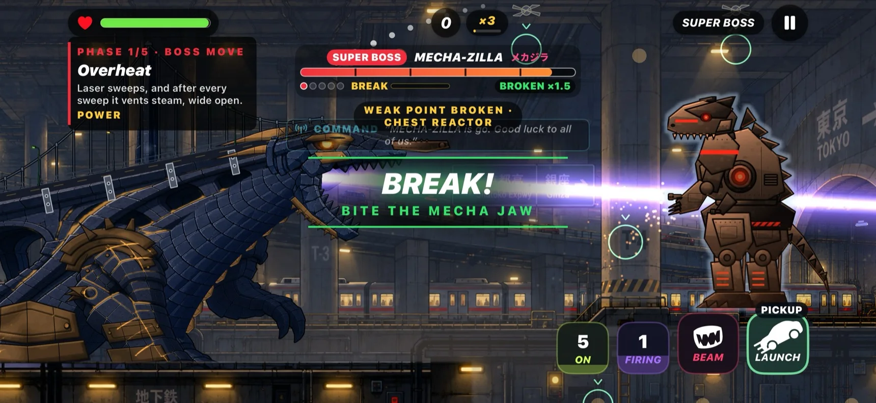Bridgezilla gameplay: firing the beam at the super boss, Mecha-Zilla.