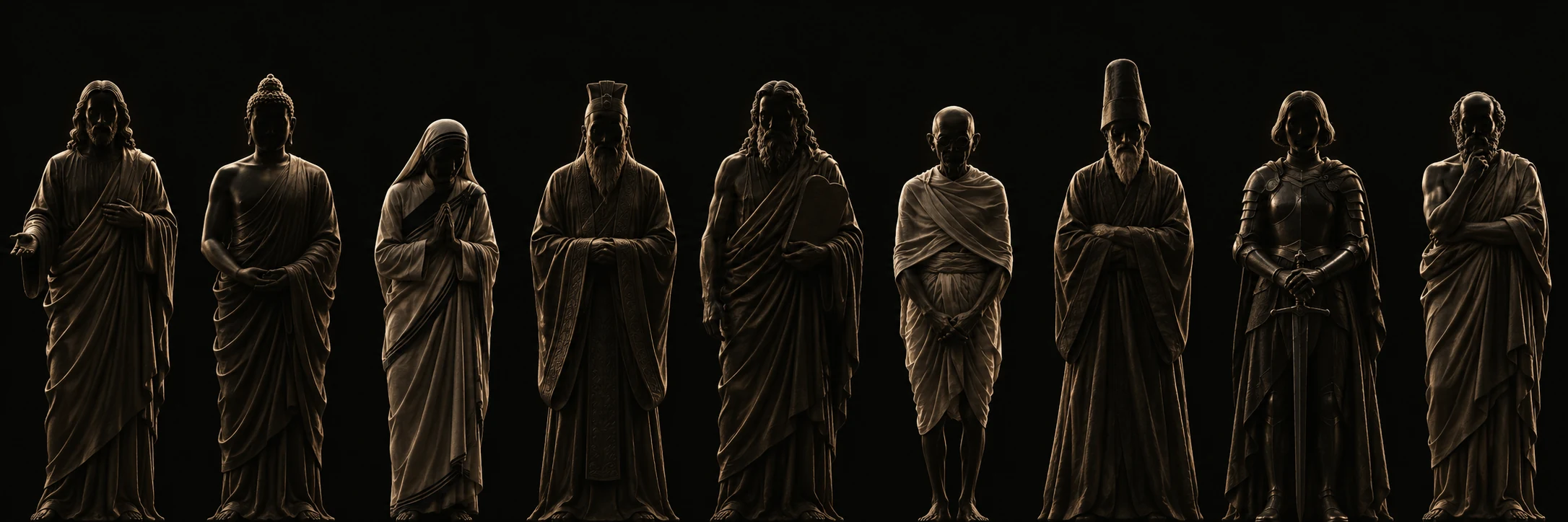 Nine bronze figures standing in a row in low light.
