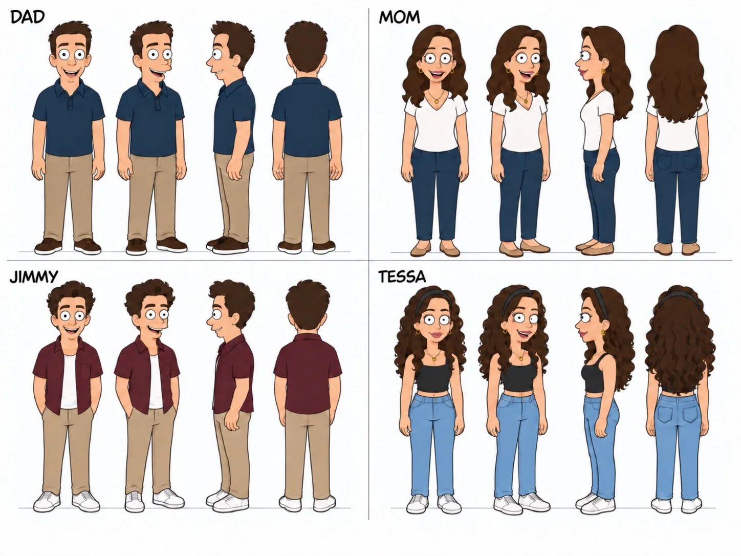 Character sheet for the McPhearson family: Dad, Mom, Jimmy and Tessa.